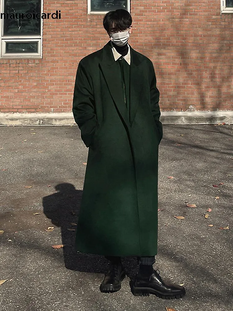 Autumn Winter Long Warm Oversized Soft Dark Green Black Woolen Coat Men Loose Casual Korean Wool Blends Overcoat