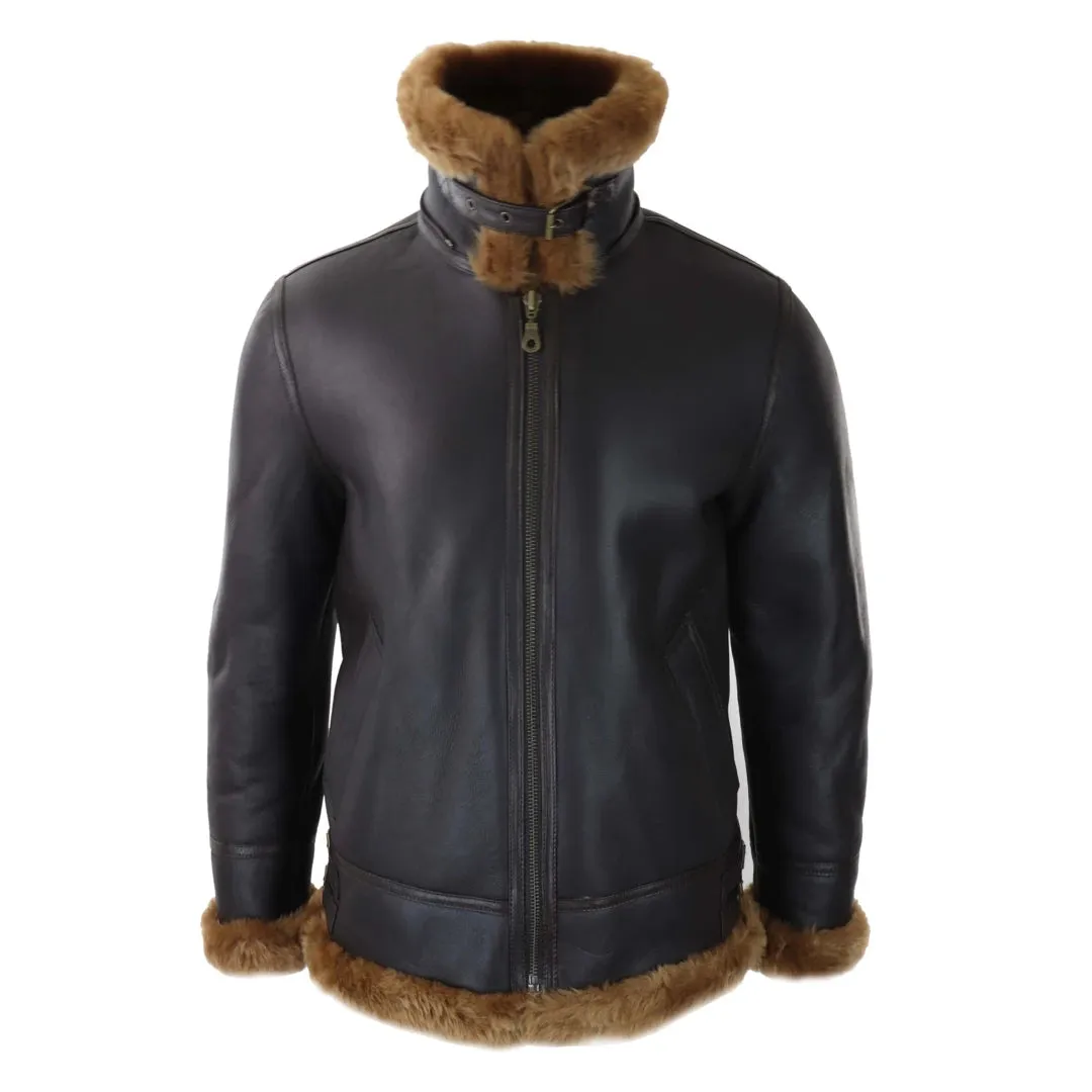 Chaqueta piloto con capucha de cuero de oveja real estilo vintage para hombre