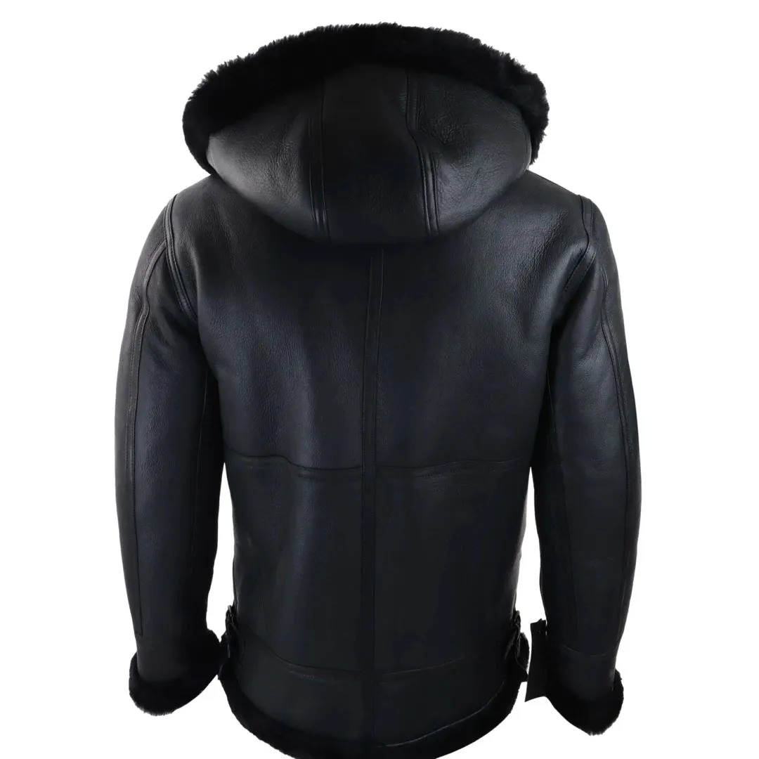 Chaqueta piloto con capucha de cuero de oveja real estilo vintage para hombre