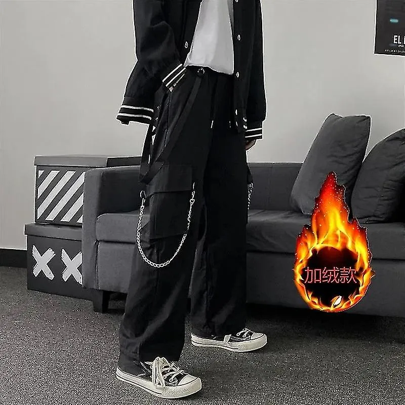 Goth Punk Black Cargo Pants With Chain Streetwear Men Wide Leg Trousers Harajuku Hip Hop Oversized C