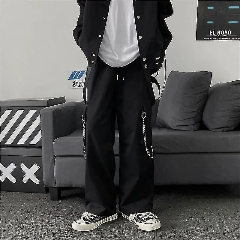 Goth Punk Black Cargo Pants With Chain Streetwear Men Wide Leg Trousers Harajuku Hip Hop Oversized C