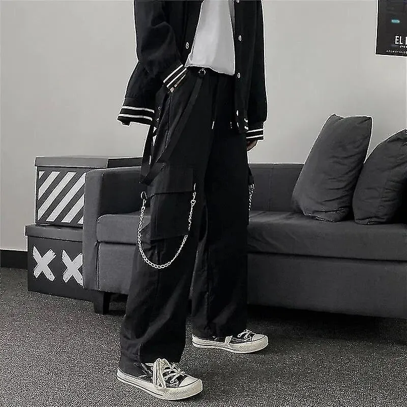 Goth Punk Black Cargo Pants With Chain Streetwear Men Wide Leg Trousers Harajuku Hip Hop Oversized C