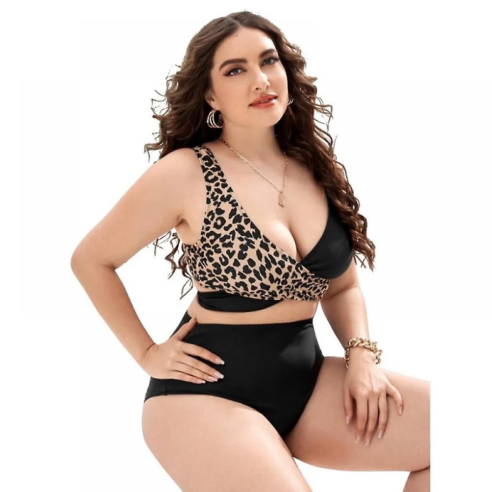 Oversized Vest Swimsuit Black Leopard Contrast High-waist Suit 2-piece for Swimming, Bathing, Surfing (xxxl)