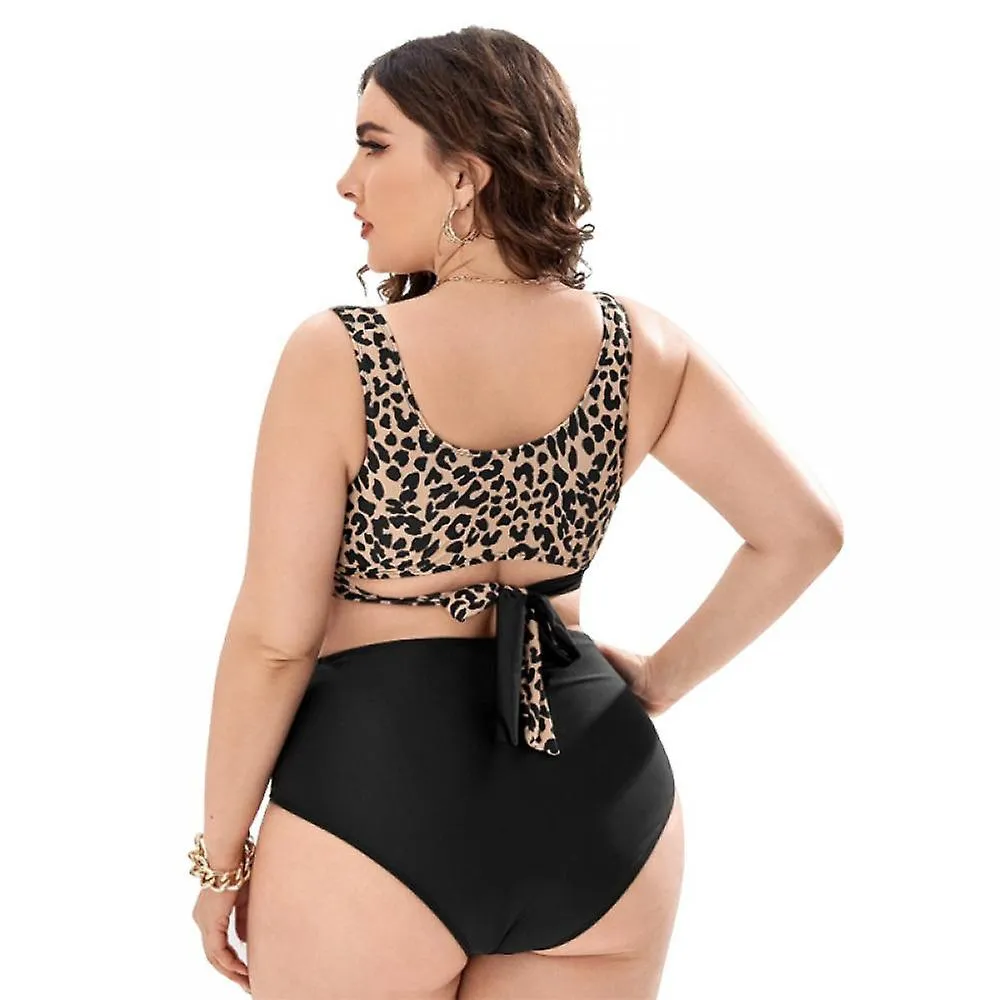 Oversized Vest Swimsuit Black Leopard Contrast High-waist Suit 2-piece for Swimming, Bathing, Surfing (xxxl)