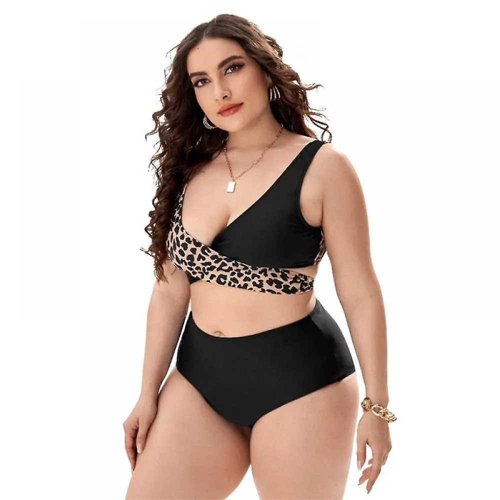 Oversized Vest Swimsuit Black Leopard Contrast High-waist Suit 2-piece for Swimming, Bathing, Surfing (xxxl)