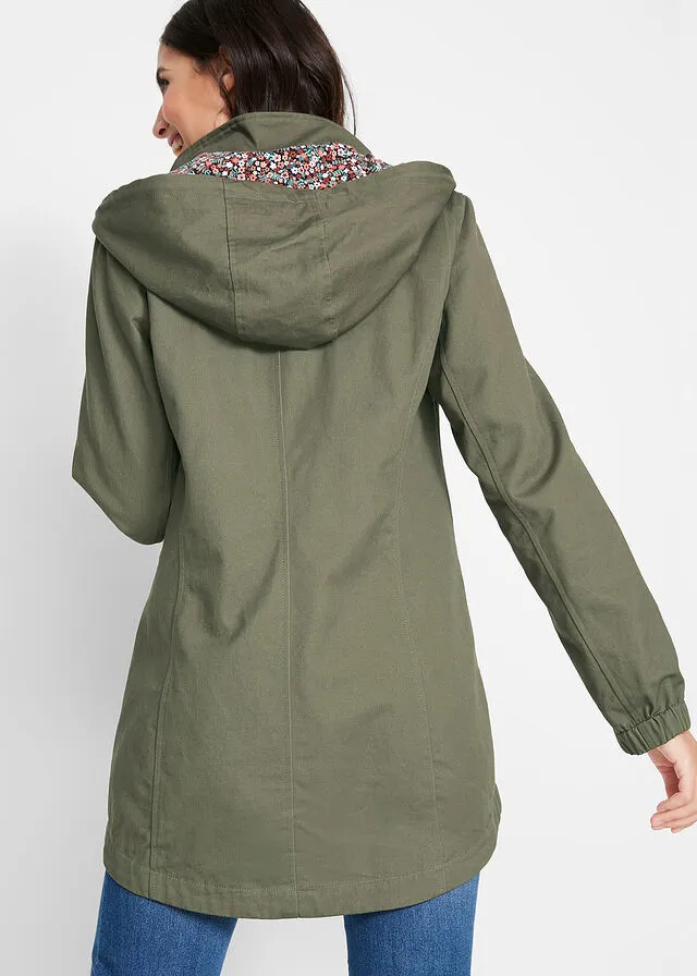 Parka de entretiempo de algodón con capucha estampada Verde oliva