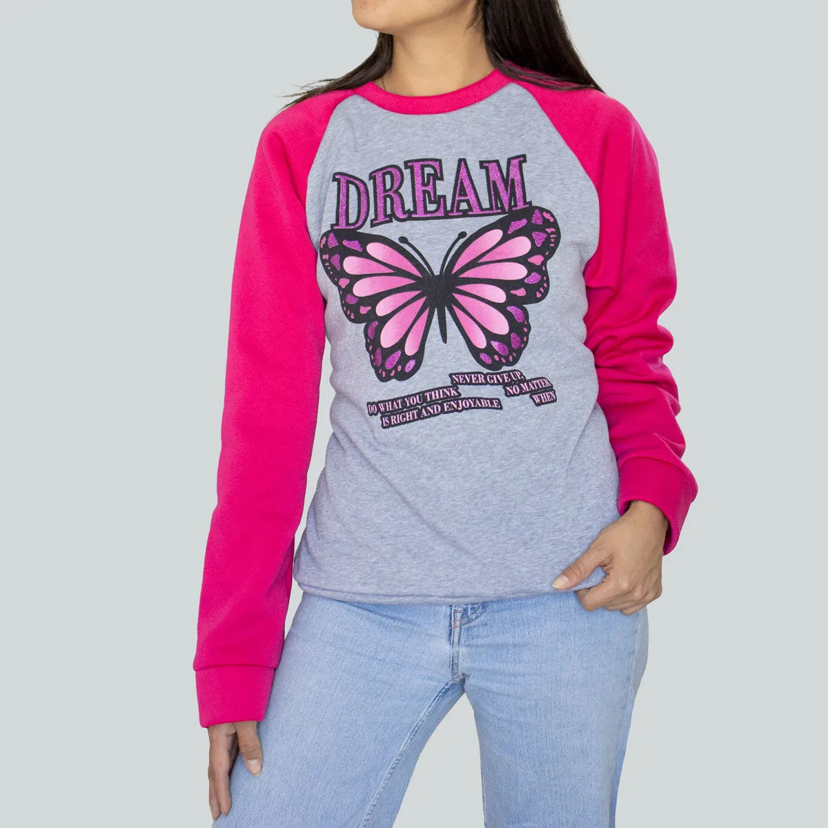 Sudadera color Gris con Fucsia para Dama con Estampado de Dream