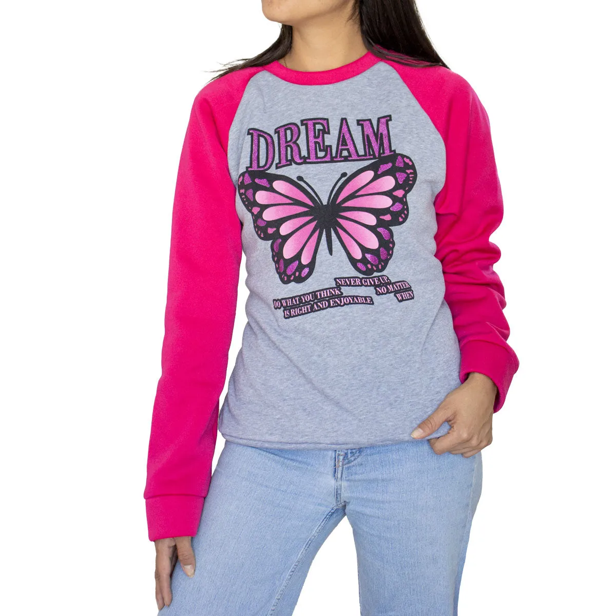 Sudadera color Gris con Fucsia para Dama con Estampado de Dream