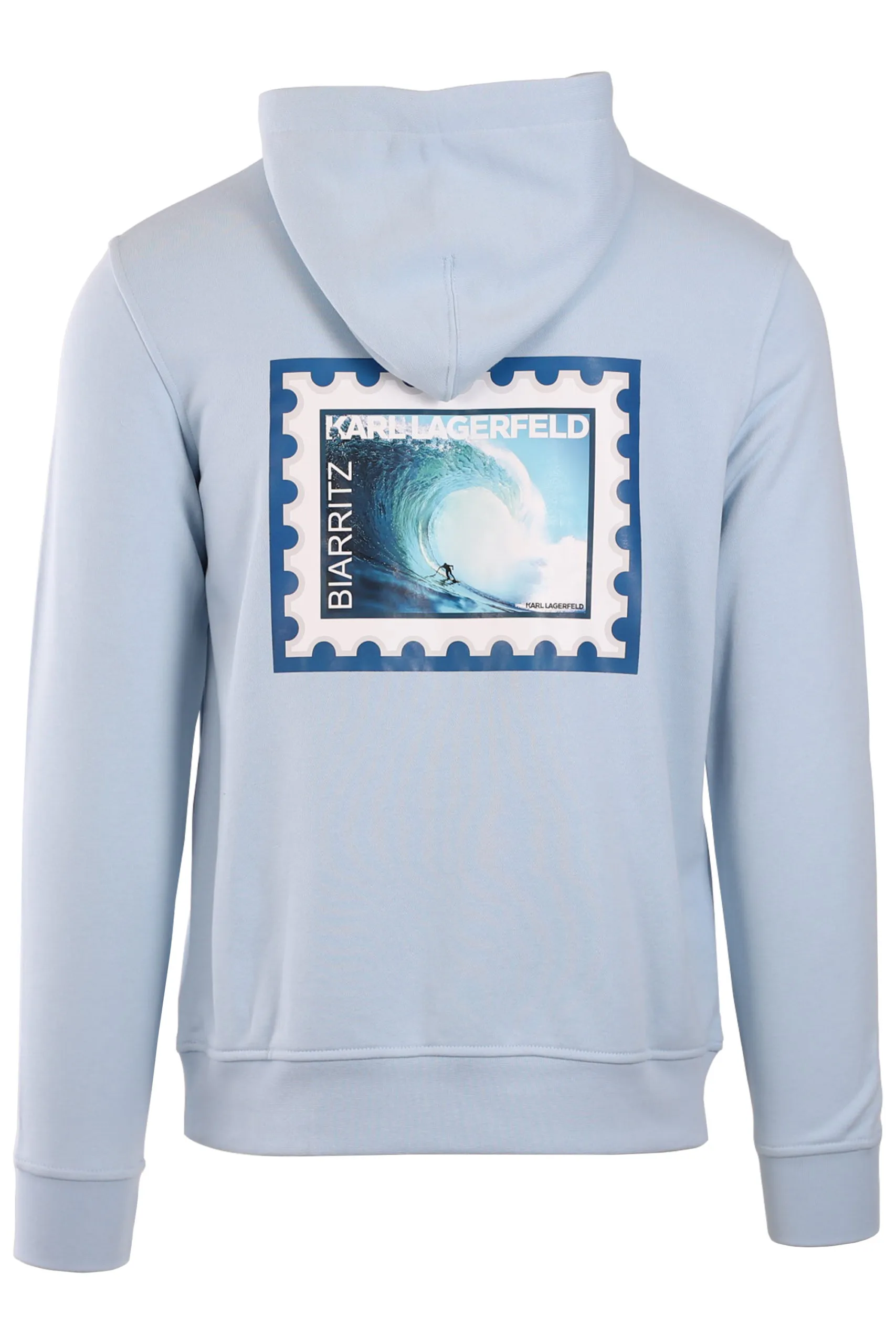 Sudadera de color azul claro con capucha estampado detras