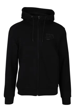 Sudadera negra con capucha y cremallera y minilogo etiqueta lux identity