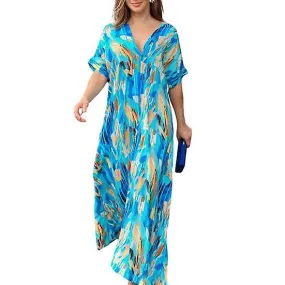 Women Maxi Dress Short Sleeves Colorful Print V Neck Loose High Waist Oversized Colorfast Ankle Length Summer Dress