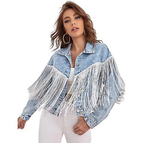 Women's Fashion Tassel Stitching Denim Jacket, Oversized Denim Jacket