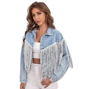 Women's Fashion Tassel Stitching Denim Jacket, Oversized Denim Jacket