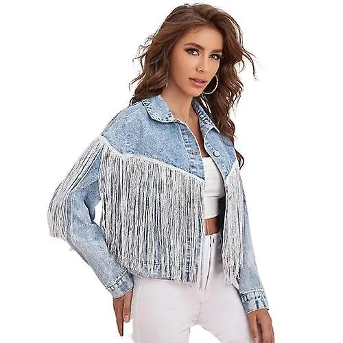 Women's Fashion Tassel Stitching Denim Jacket, Oversized Denim Jacket