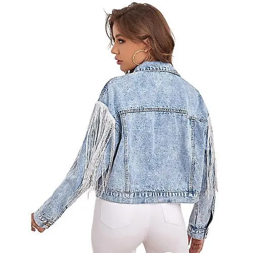 Women's Fashion Tassel Stitching Denim Jacket, Oversized Denim Jacket